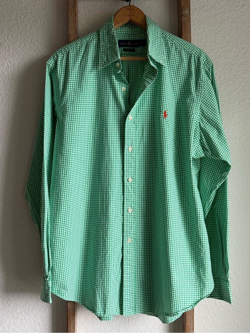 Ralph Lauren Polo Green White Gingham Classic Oxford Shirt Long Sleeve Sz: Large